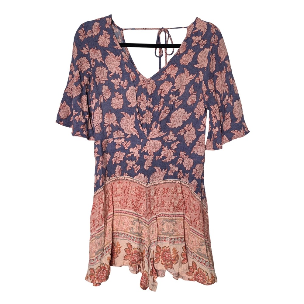 Xhilaration Romper Womens M Blue Pink Floral Paisley Flutter Sleeve Boho V-Neck